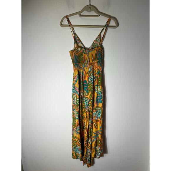 Japna Yellow and Teal Palm Spaghetti Strap Maxi Dress Sz S - Picture 2 of 4